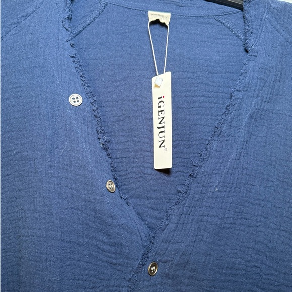 Igenjun Navy Gauze V Neck Beach Pool Coverup NWT XL Resort Wear Swim Tunic LS - Picture 3 of 10
